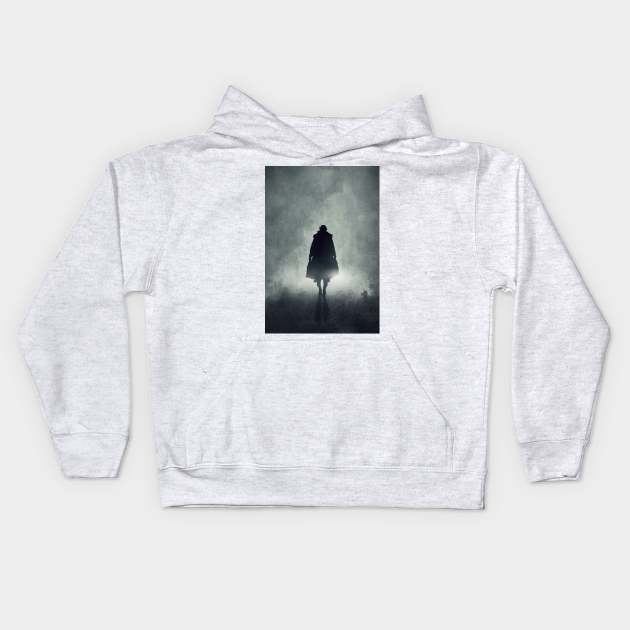 Lone woman adventurer goes to fog Kids Hoodie by DyeruArt